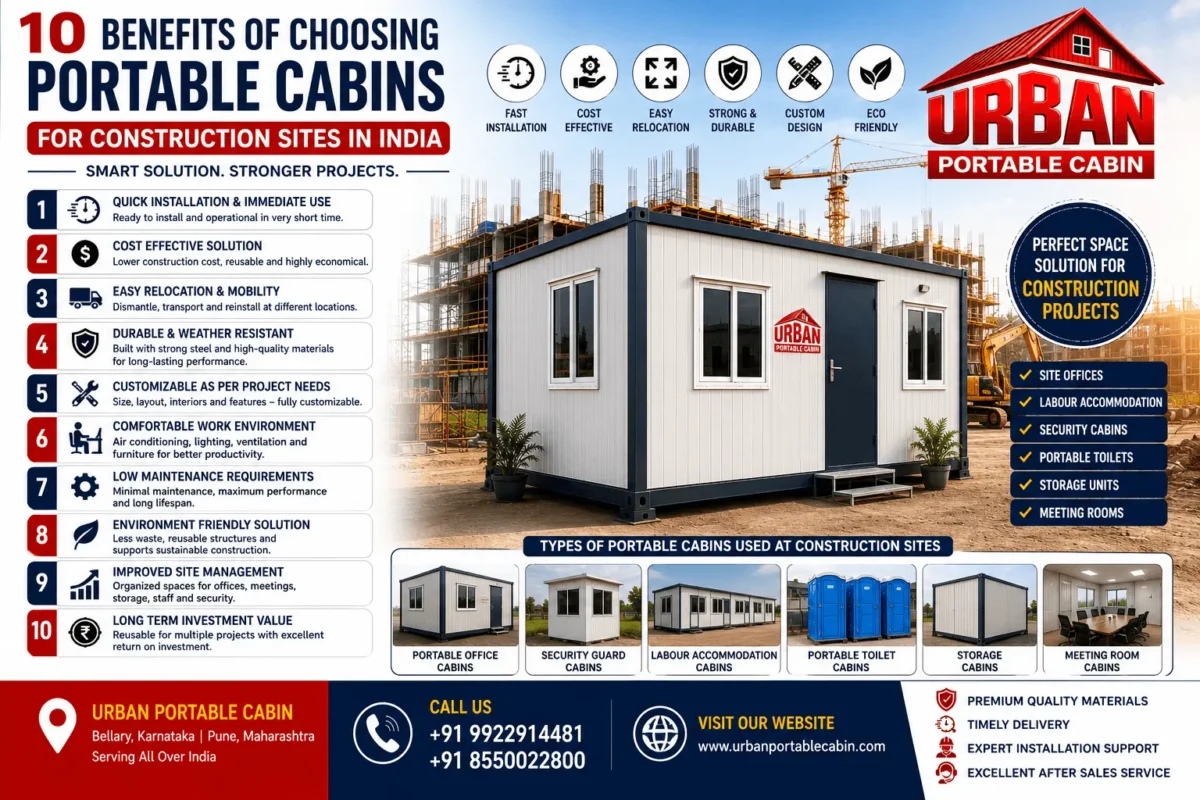 Portable office cabin installed at a construction site in India showcasing the benefits of portable cabins for construction projects and site offices