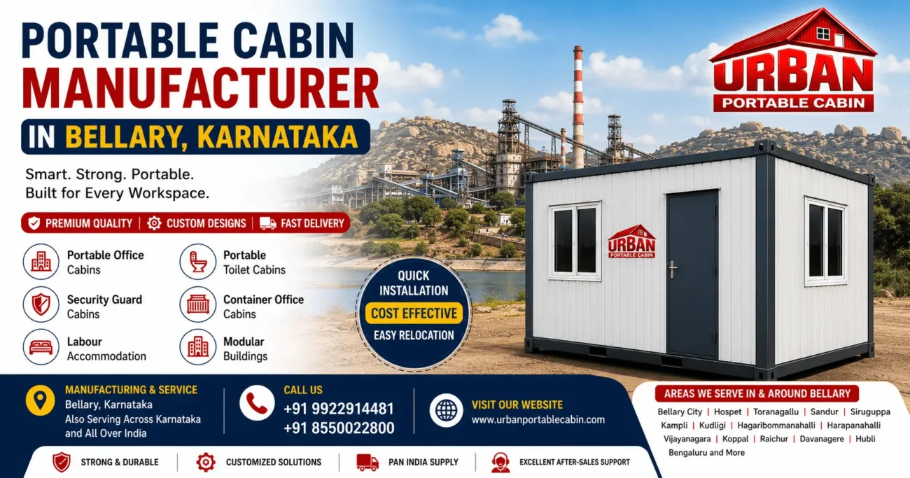 Portable cabin manufacturer in Bellary Karnataka offering portable office cabins, security cabins, site office cabins, container office cabins, and modular buildings by Urban Portable Cabin