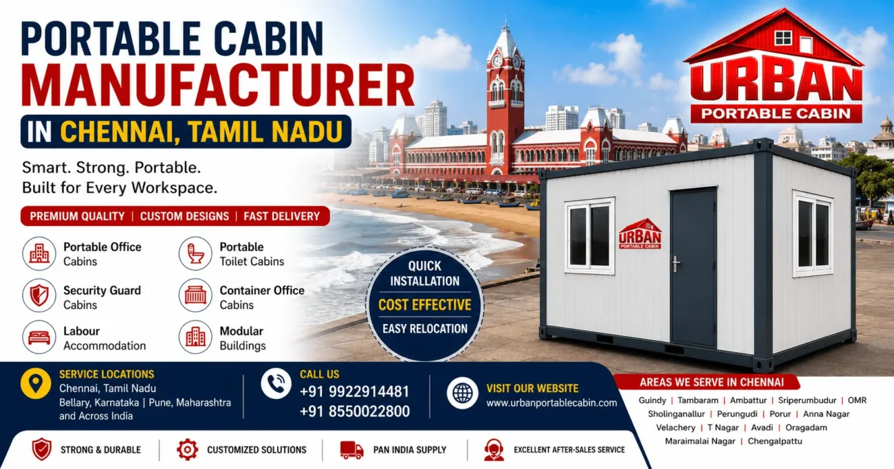 Portable cabin manufacturer in Chennai Tamil Nadu providing portable office cabins, security cabins, container office cabins, site office cabins, and modular buildings by Urban Portable Cabin